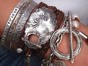 Image of Hippie Jewelry, Stacked Leather Wrap Bracelet, Boho Jewelry, Sterling Silver Wrap Bracelet