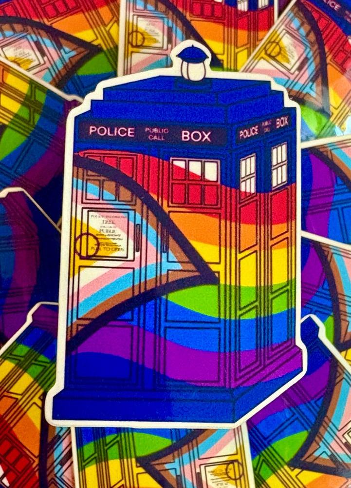 Image of New Progress Pride Tardis Sticker