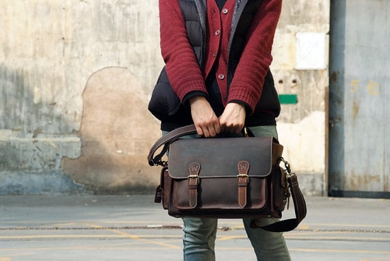 Image of Genuine Leather DSLR Camera Bag Leather Briefcase Messenger Bag 6919