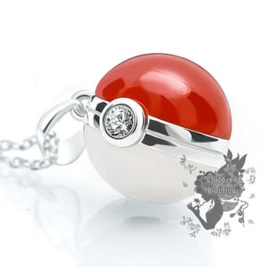 Image of Unique Pokemon Pokeball Agate Gemstone .925 Sterling Silver Necklace Costume Cosplay