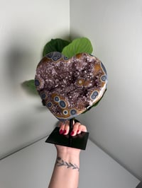 Image 2 of AGATE X AMETHYST STALACTITE HEART ON CUSTOM STAND -URUGUAY- A