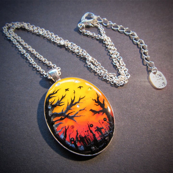 Halloween Sunset Oval Silver Pendant