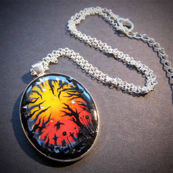 Halloween Sunset Oval Silver Pendant