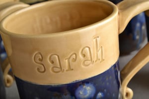 Image of Personalized Mug Made To Order Personalized Stamped Coffee Tea Cocoa Mug by Symmetrical Pottery