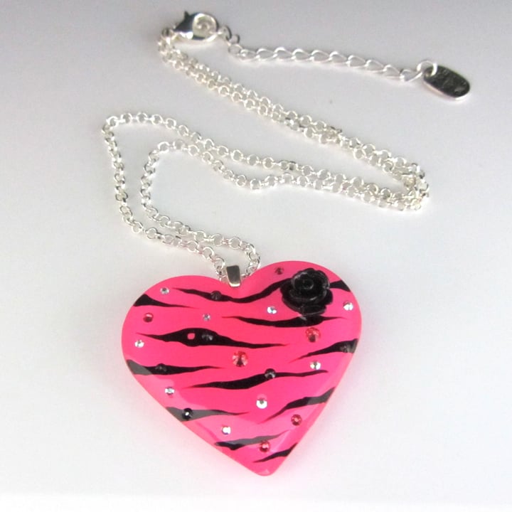 Hot Pink Zebra Stripe Resin Heart Pendant ON SALE - WAS £14 NOW £10