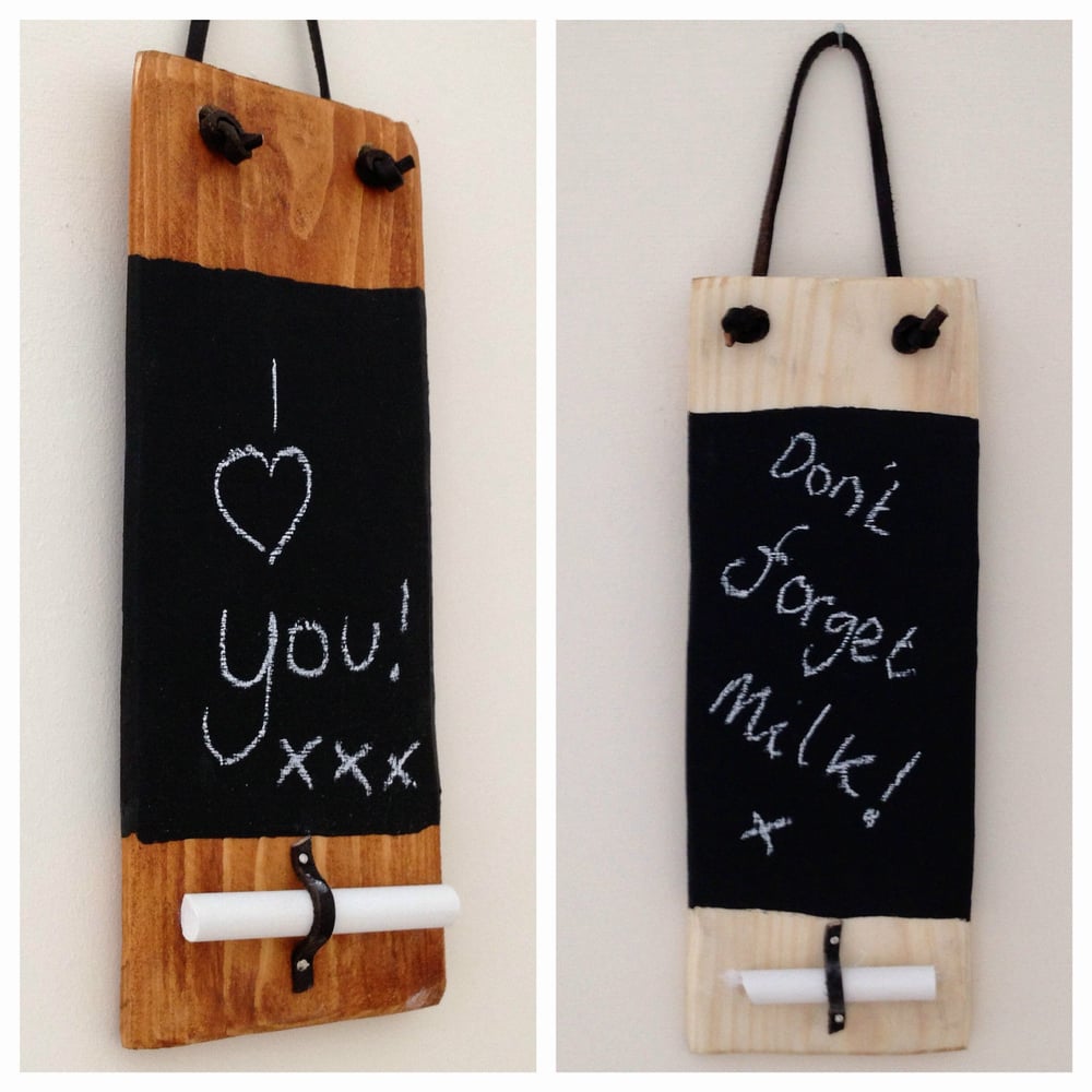 Image of Recycled Pallet Wood Small Chalk Message Board with leather hanger and chalk