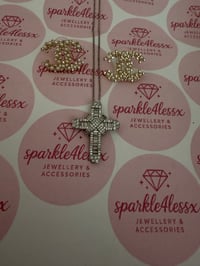 Image 2 of Sliver cross and pearl c studs 