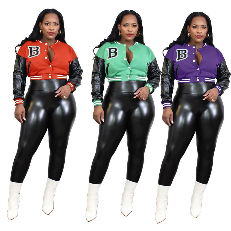 Image of Plus Size Baseball Jacket+PU Leather Pants 2 Piece Sets