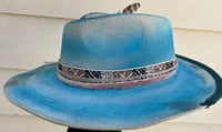 Image 3 of Handmade Torch Burned Blue Fedora Hat, Roses & Feathers