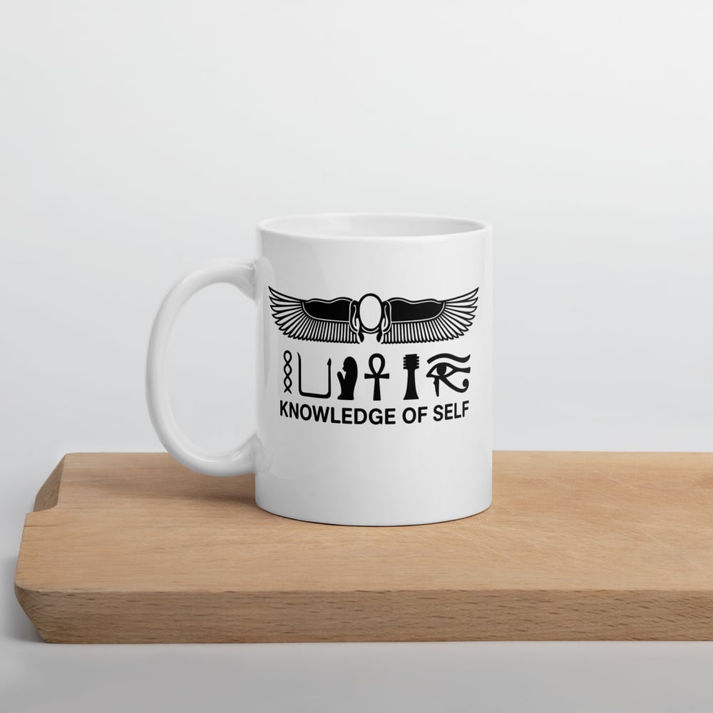 white ceramic mug, knowledge of self mug