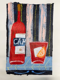 Negroni & Campari bottle on pink & navy stripes 