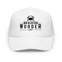 Image 2 of Brackish Wooder Foam Trucker Hat – Black Logo with Chesapeake Blue Crab | Snapback Mesh Cap
