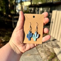Small Blue Cactus Dangly Clay Earrings