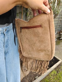 Image 4 of Yellowstone cowboy print suede fringe milk choc and tan