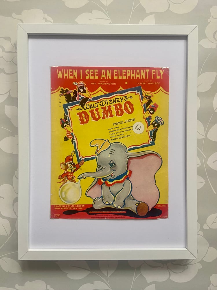 Image of Dumbo c1941, framed vintage sheet music of 'When I See An Elephant Fly'