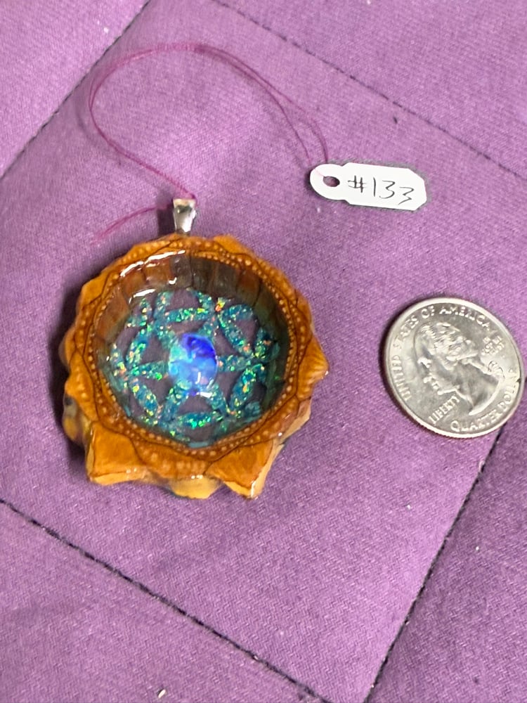 Image of Fire Opal with Crushed Opal Flower of Life Background Charm | PNW Handcrafted Jewelry | #133