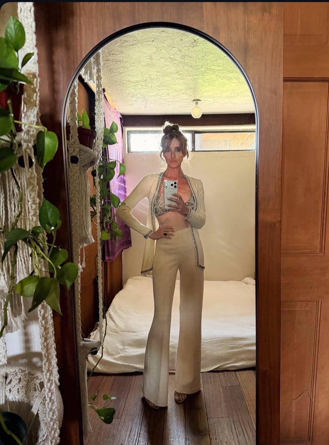 early 70s italian luxury knit trouser set w embellished bra top and sash belt