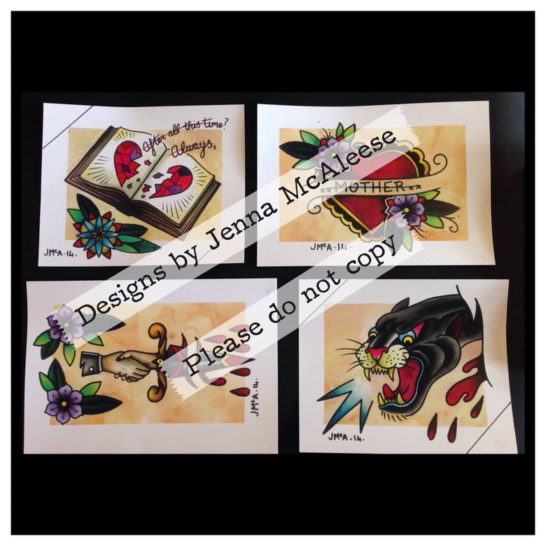 Image of Traditional Old School Style Tattoo Flash Set of 4 Designs. Heart Panther Dagger Harry Potter Book