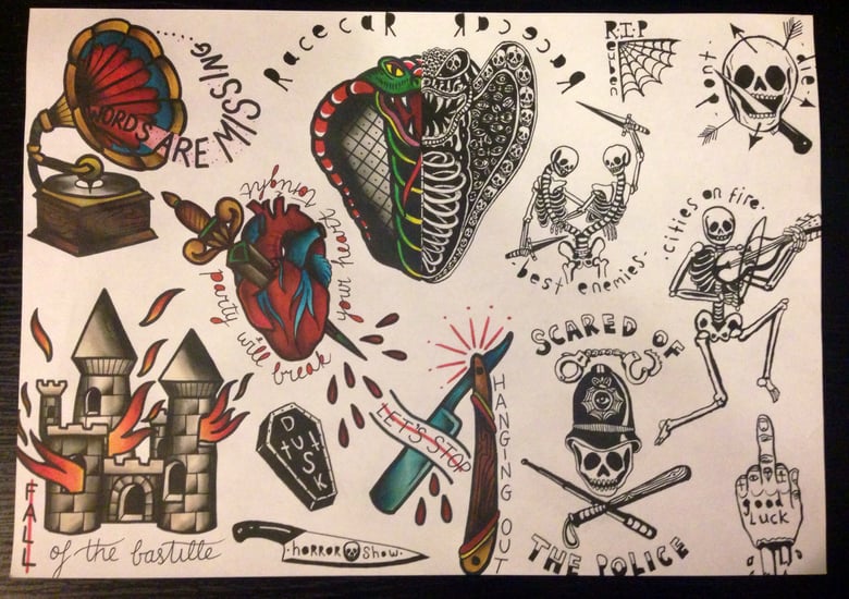 Image of Reuben Tattoo Flash Designs Print A3. Traditional Old School Skull Gramophone Heart