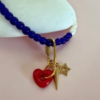 Image 4 of Blue glass bead and pearl necklace with carabiner and heart 