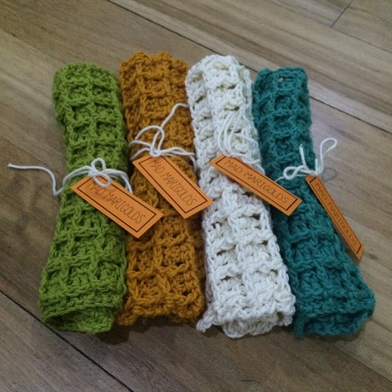 Image of Handmade Crochet Cotton Wash Cloths in Waffle Stitch