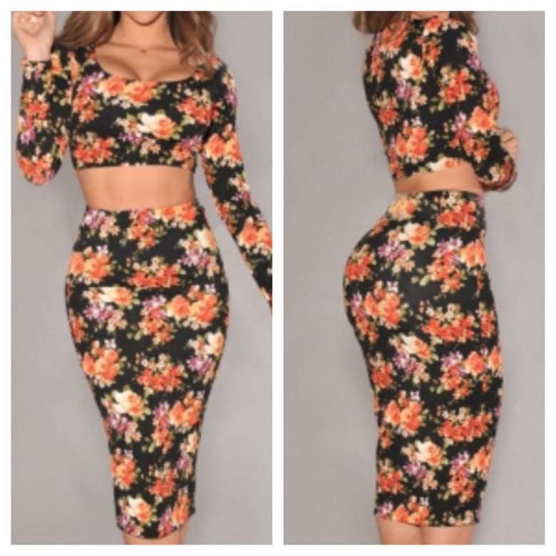 Image of Floral Print Two Piece Skirt and Top