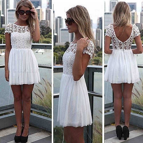 Image of [grxjy561725]Sexy Backless Lace Chiffon Spliced Short Sleeve Dress
