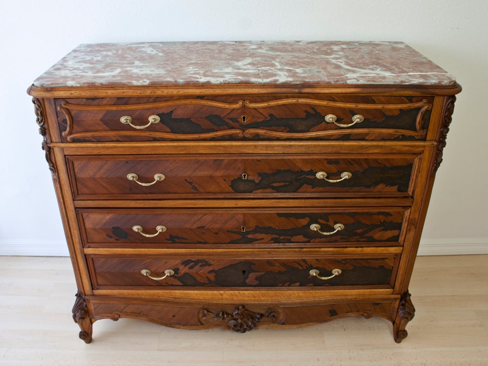 Image of Antique French Commode : Marble Top + Mahogany Marquetry 