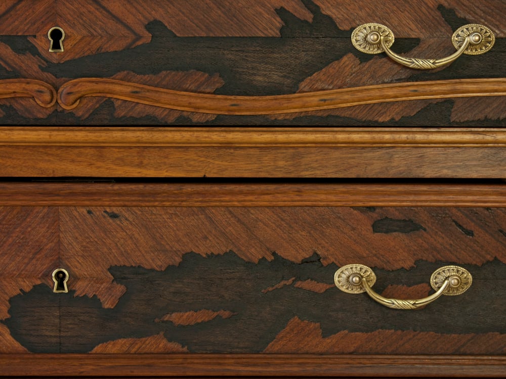 Image of Antique French Commode : Marble Top + Mahogany Marquetry 