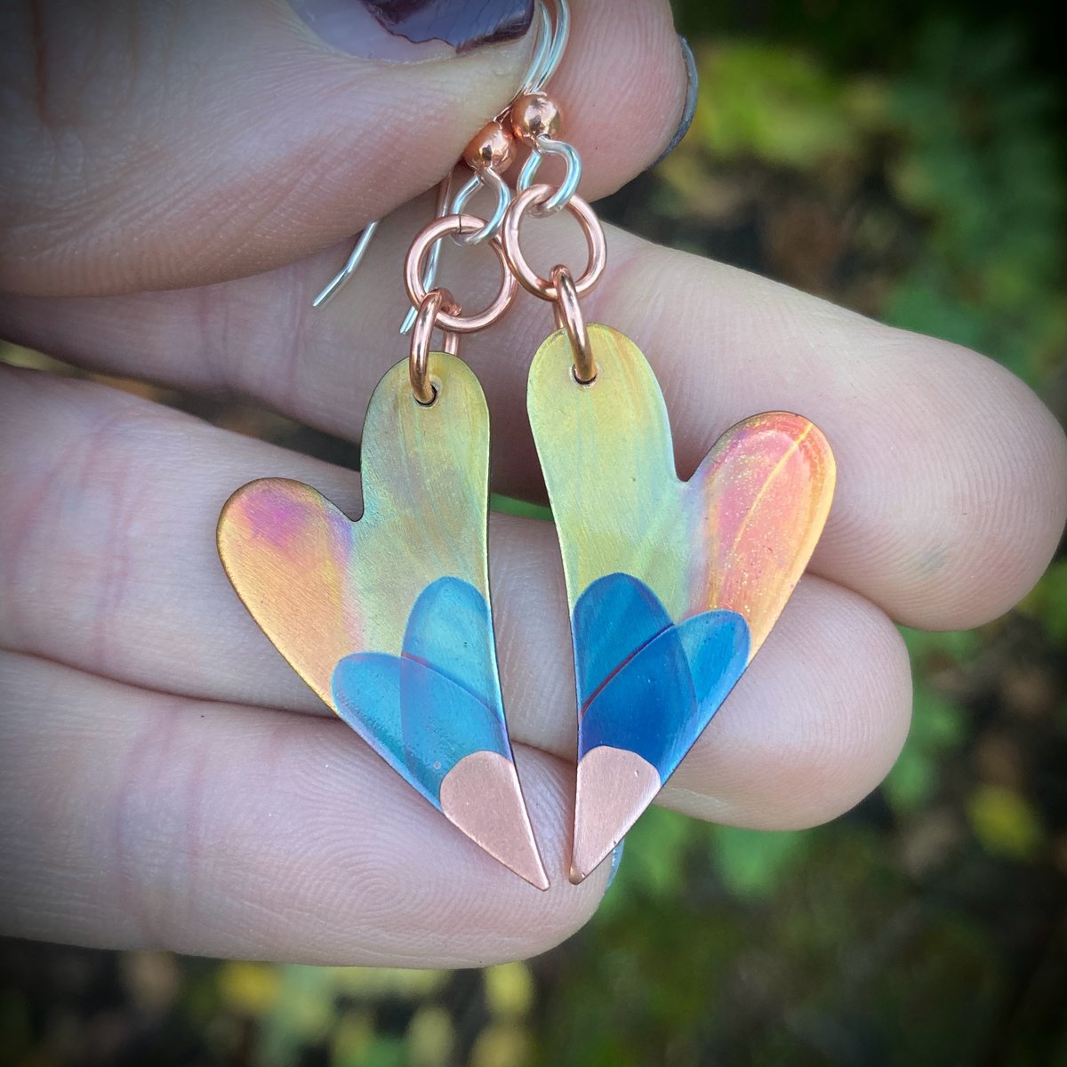 Flame Painted Copper Heart Earrings