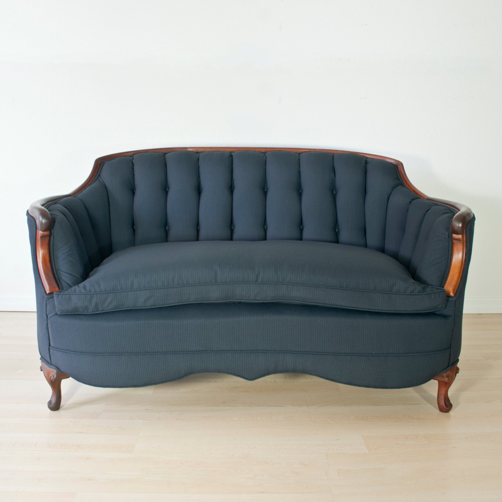 Antique Channel Back Loveseat in Navy Wool Pinstripe / Dominique Provost