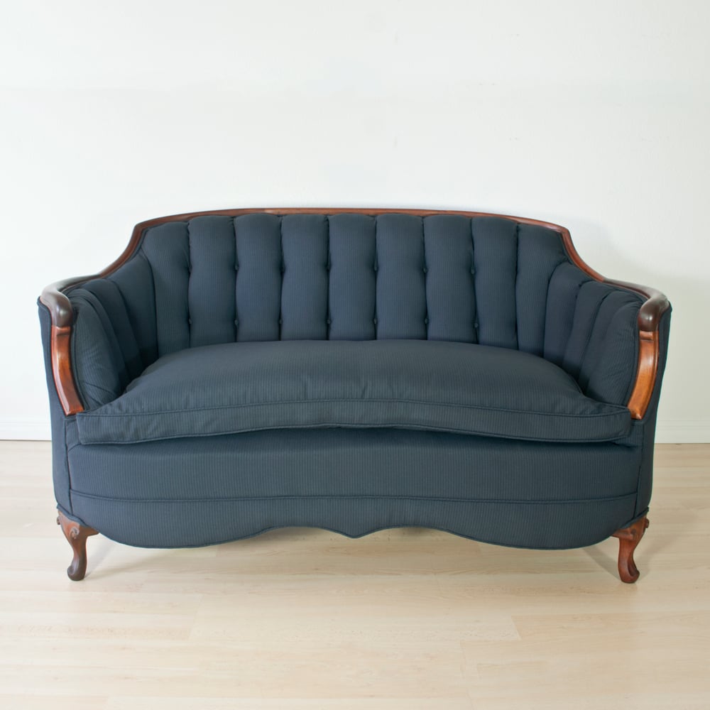 Image of Antique Channel Back Loveseat in Navy Wool Pinstripe