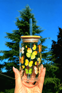 Image 2 of Yellow Butterflies Glass Can – 16 oz  with Bamboo Lid & Glass Straw