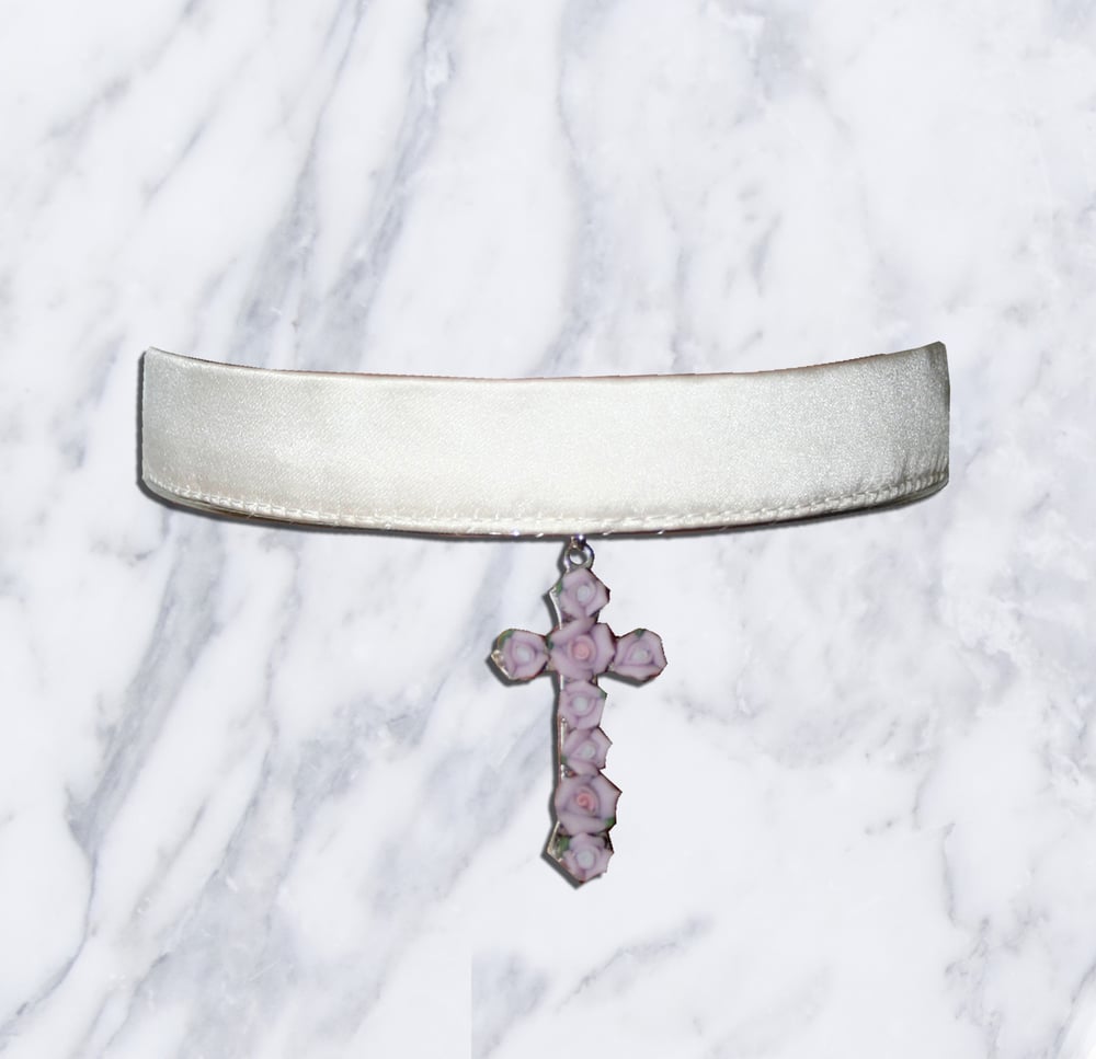 Image of ivory satin choker with rose cross