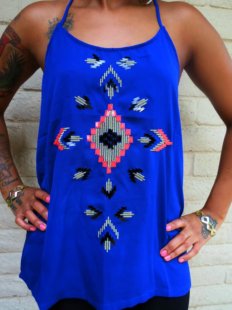 Half Sister Boutique — Blue Tribal Cutout Top