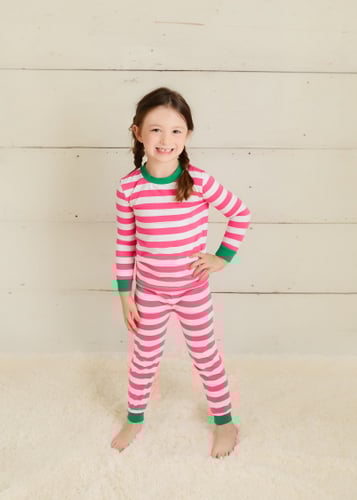 Image of Pink Stripe with Green Cuff CHILD (size 6m-14) Monogrammed Christmas Pajama Set - PREORDER