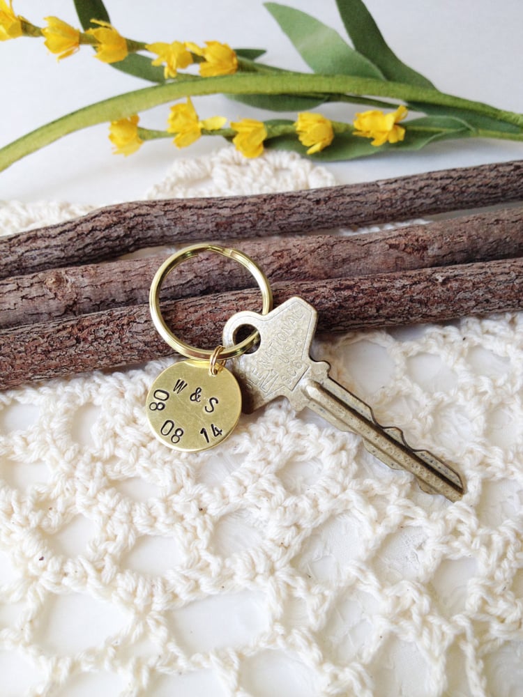 Image of Anniversary Hand Stamped Metal Brass Key Ring