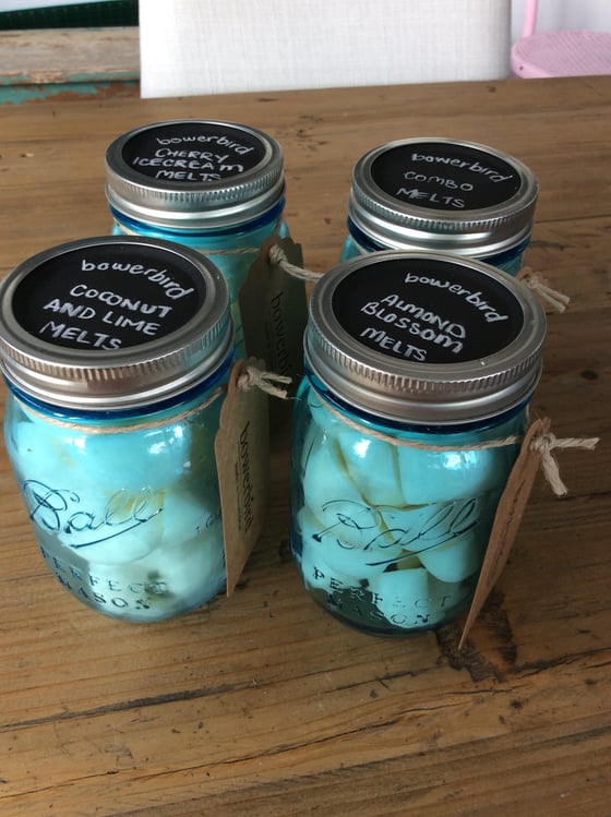 Image of Hand poured soy melts in blue ball mason jars 