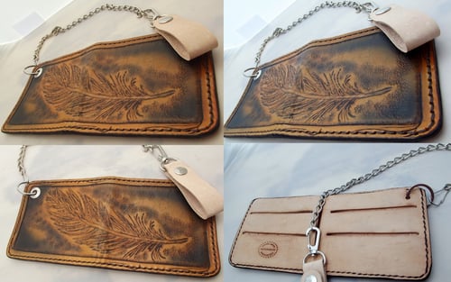 Image of Custom Hand Tooled Leather Bifold Wallet. Your image/design or idea. Chain Wallet.