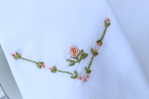 Image of Peach Rosebud Hand Embroidered Handkerchief