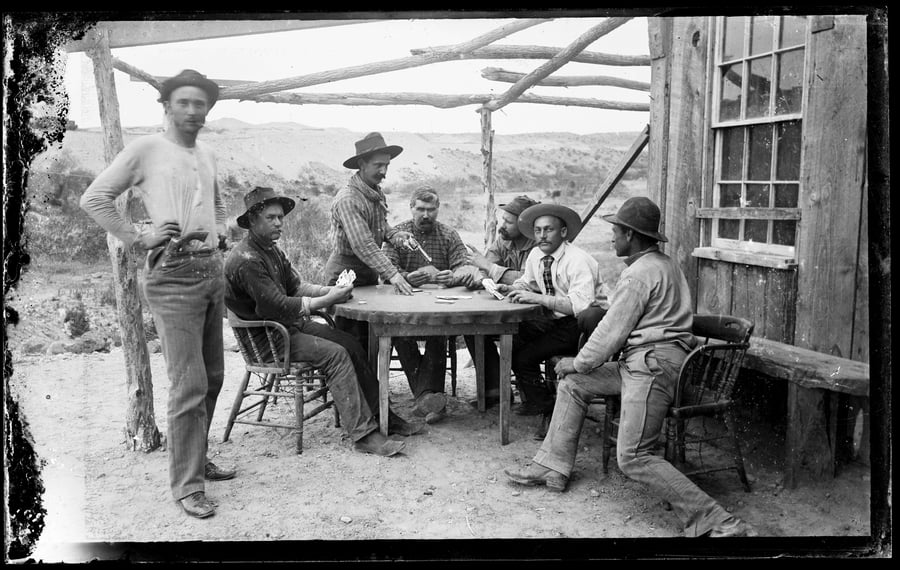 Image of Glass Plate Neg of railroad workers playing cards (Revolver drawn)