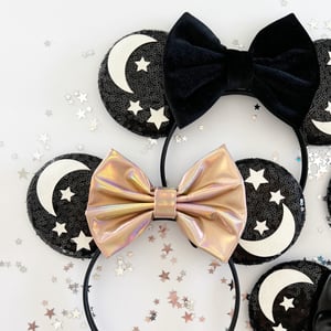 Image of Moon and Stars Mouse Ears with Black, Orange + Copper Bows