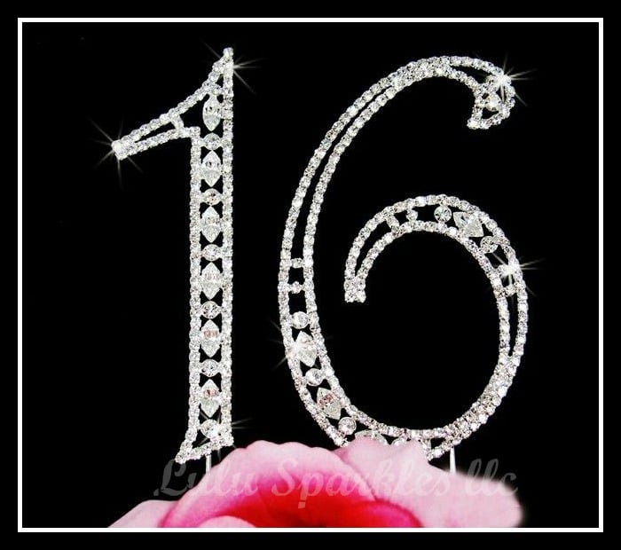 Image of Sweet sixteen 16 Birthday cake Marquis cut rhinestone numbers cake topper