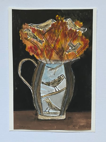 Image of Birds jug with fiery autumn stems - monoprint artwork 