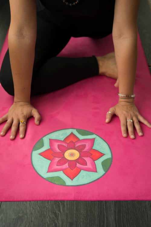 Image of Mandala Yoga Towel - Pink with Pink and White Lotuses