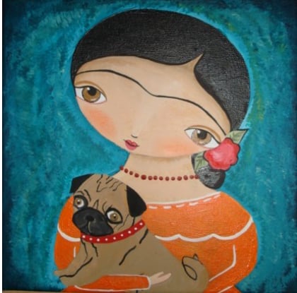 Image of Frida with Pug Folk Art Painting 8 x 10