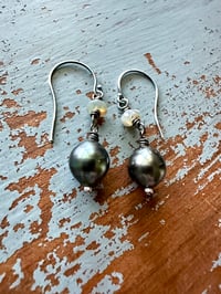 Image 1 of peacock pearl and boulder opal earrings