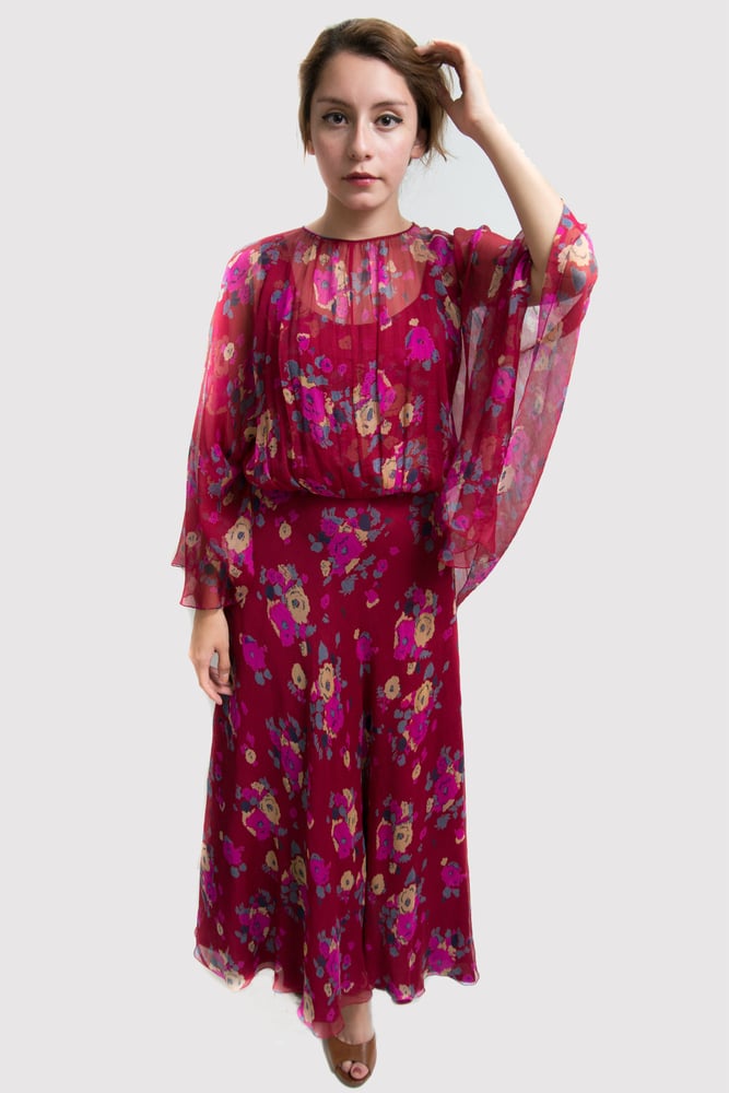 Image of 70's Floral Silk House of Arts Gown