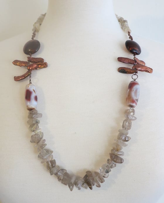 Image of Opera-length Orange Stick Pearl and Beige Chip Necklace