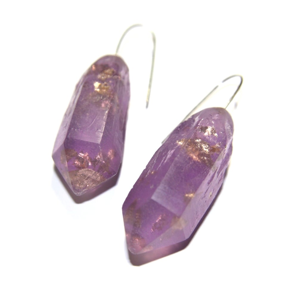 Image of ELC Studio Mythical Creature Purple Earrings Made From Resin and 9ct Gold Flakes